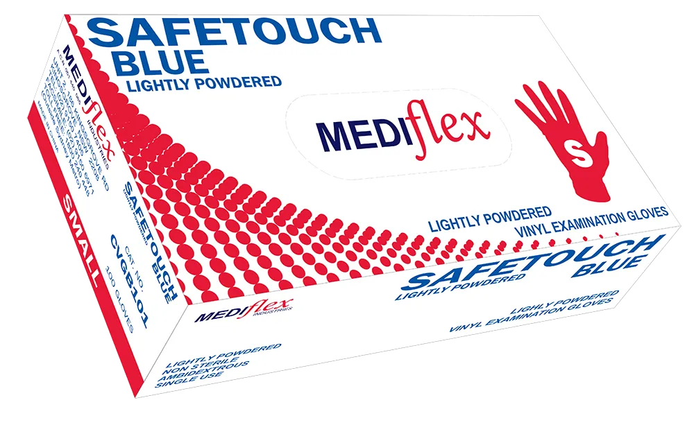 Mediflex Safetouch Blue lightly powdered blue vinyl gloves in small size box for examination use